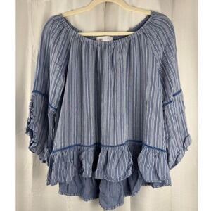 Fever Blue White Striped Off Shoulder Ruffle Bell Sleeve Blouse Top Medium